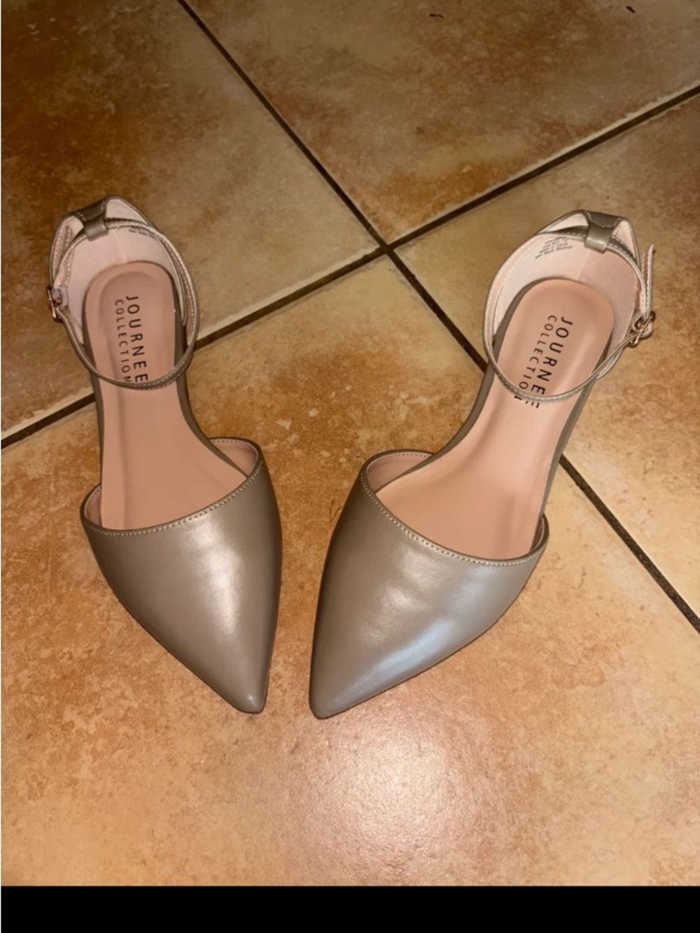 Journee Collection Metallic Taupe Pointed Toe Ankle Strap Heels - Picture 8 of 11